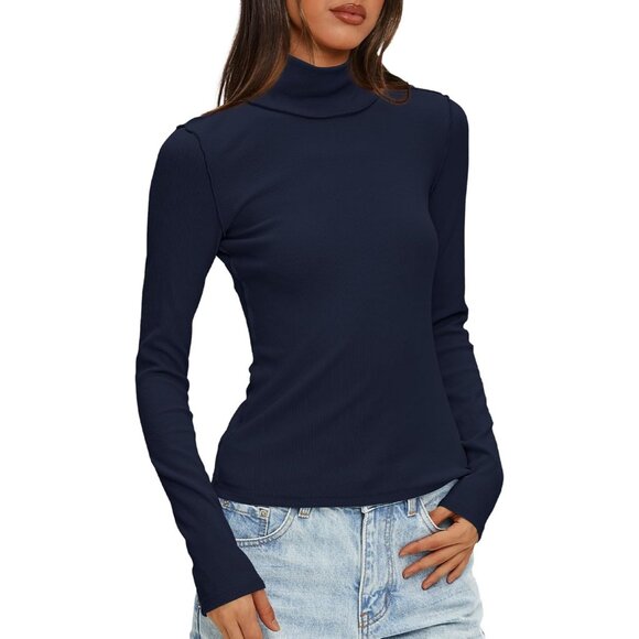 Women's Undershirts Dark Blue All Long Sleeve Ribbed Slim Top Tees - Picture 3 of 5